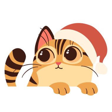 Beyaz arka planda çocuksu bir illüstrasyon. Noel Baba şapkalı şirin kedi yavrusu afişinin arkasından dışarı bakıyor. Vektör illüstrasyonu