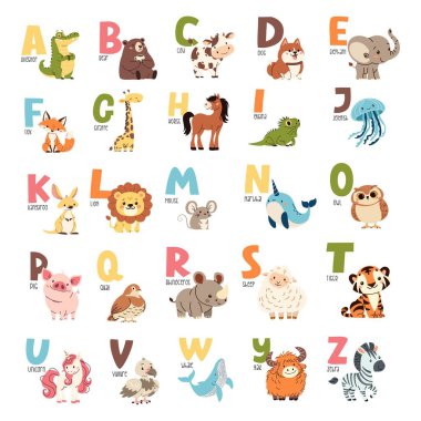 Düz vektör çizimleri ve alfabenin harfleri. Renkli alfabe ve ilk harfte hayvanlar. Çocuk tarzı ve beyaz arkaplan. Vektör illüstrasyonu