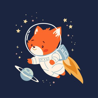 Şirin çocuksu bir şekilde düz vektör çizimi. Uzayda gezegenler ve yıldızlar arasında uzay elbisesi içinde uçan sevimli tilki. Vektör illüstrasyonu