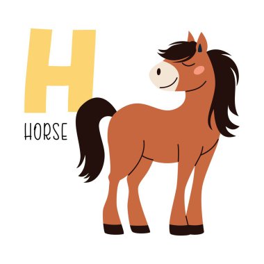 Şirin düz vektör çizimi. Sevimli at ve H harfi. Hayvanlar ve alfabe harfleri. Vektör illüstrasyonu