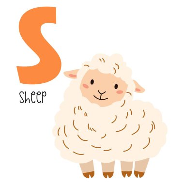 Cute flat vector illustration. Cute sheep and letter S. Animals and letters of alphabet . Vector illustration clipart