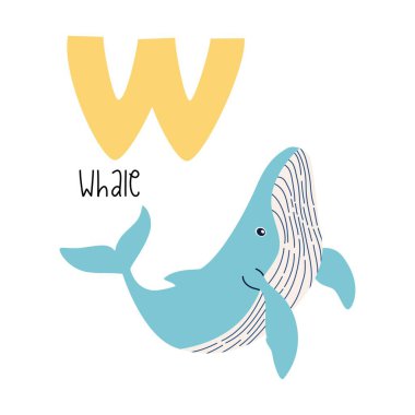 Şirin düz vektör çizimi. Şirin balina ve V harfi. Hayvanlar ve alfabe harfleri. Vektör illüstrasyonu