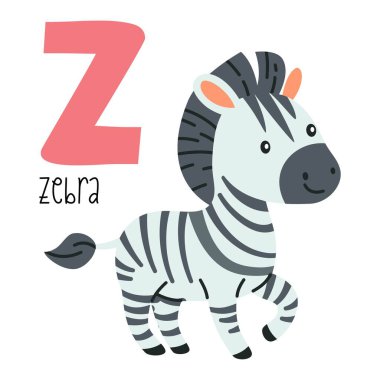 Şirin düz vektör çizimi. Şirin zebra ve Z harfi. Hayvanlar ve alfabe harfleri. Vektör illüstrasyonu