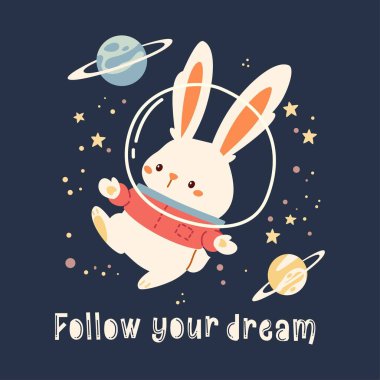 Şirin çocuksu bir şekilde düz vektör çizimi. Gezegenler ve yıldızlar arasında ezilmiş uzayda uçan sevimli bir tavşan. Yazıt hayallerinin peşinden git. Vektör illüstrasyonu