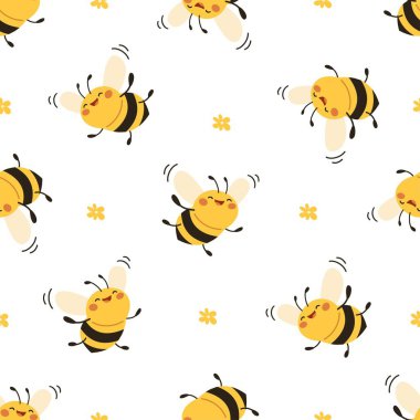 Kusursuz vektör deseni. Şirin mutlu arı ve papatyalar. Vektör illüstrasyonu