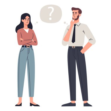 Ofis elbiseli bir kadın ve erkek bir soru düşünüyorlar, düz vektör çizimi, beyaz arka plan. Vektör illüstrasyonu