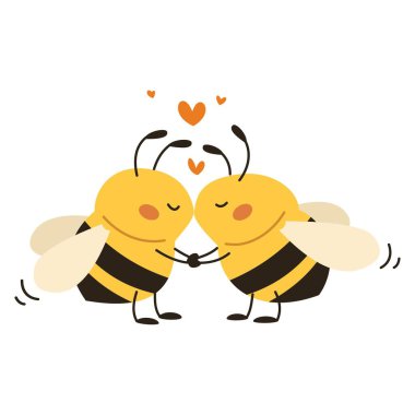 Çocuk tarzında şirin düz vektör çizimi. İki şirin arı el ele tutuşup birbirlerini seviyorlar. Vektör illüstrasyonu