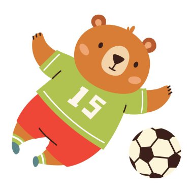 Çocuk tarzında düz vektör çizimi. Futbol üniformalı şirin ayı yavrusu futbol oynuyor. Vektör illüstrasyonu