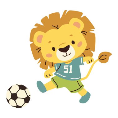 Çocuk tarzında düz vektör çizimi. Futbol formalı şirin bir aslan futbol oynuyor. Vektör illüstrasyonu