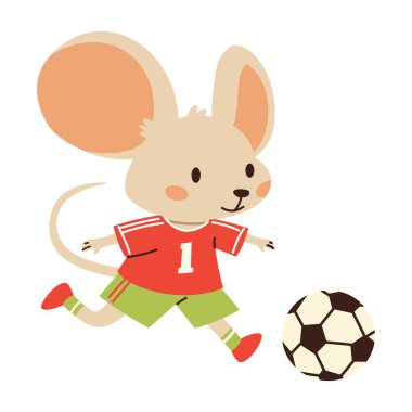 Çocuk tarzında sevimli vektör çizimi. Üniformayla futbol oynayan şirin bir fare. Beyaz arka planda resim. Vektör illüstrasyonu