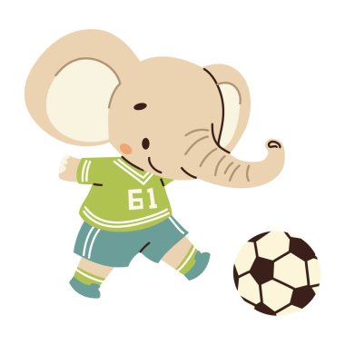 Çocuk tarzında sevimli vektör çizimi. Üniformayla futbol oynayan şirin bir fil. Beyaz arka planda resim. Vektör illüstrasyonu