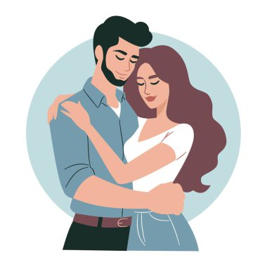 Düz vektör çizimleri. Erkek ve kadın birbirlerini kucaklıyor ve seviyorlar. Vektör illüstrasyonu