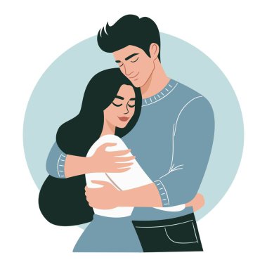 Düz vektör çizimleri. Erkek ve kadın birbirlerini kucaklıyor ve seviyorlar. Vektör illüstrasyonu