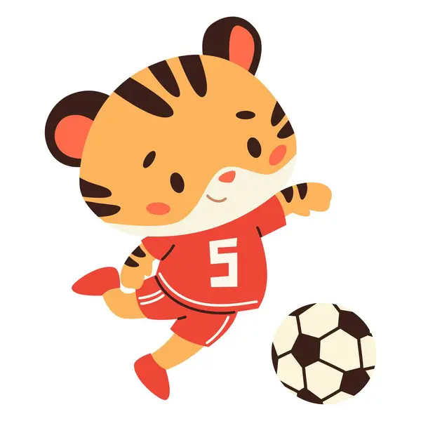 stock vector Cute vector illustration in childrens style. Cute tiger cub playing soccer in uniform. Illustration on white background. Vector illustration