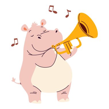 Trompet çalan sevimli su aygırı, düz vektör çizimi, çocuk tarzı. Vektör illüstrasyonu