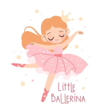 Çocuk tarzında PrintFlat vektör çizimi. Beyaz arka planda dans eden sevimli balerin. Parmak izi, küçük bir balerin yazısı. Vektör illüstrasyonu