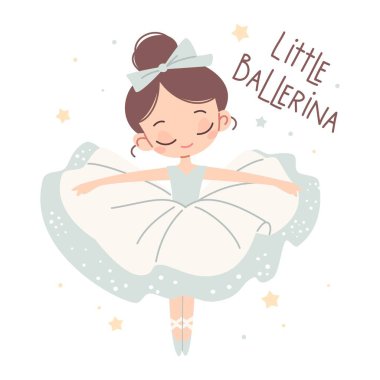 Çocuk tarzında düz vektör çizimi. Beyaz arka planda dans eden sevimli balerin. Parmak izi, küçük bir balerin yazısı. Vektör illüstrasyonu