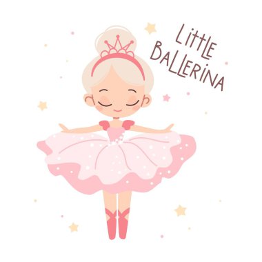 Çocuk tarzında düz vektör çizimi. Beyaz arka planda dans eden sevimli balerin. Parmak izi, küçük bir balerin yazısı. Vektör illüstrasyonu