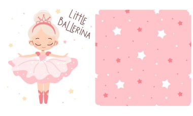 Çocuk ürünlerine baskı yapmak için bir dizi vektör baskısı. Dans eden sevimli küçük kız balerin, küçük balerin harfleri, pembe arka planda yıldızları olan kusursuz vektör deseni. Vektör illüstrasyonu