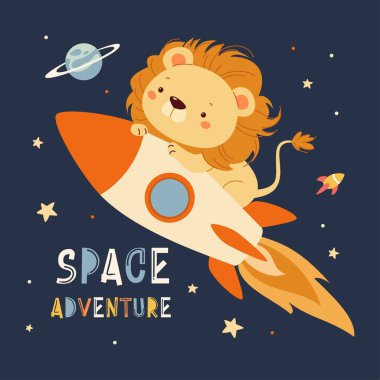 Şirin çocuksu bir şekilde düz vektör çizimi. Şirin aslan yavrusu bir roketin üzerinde uçuyor. Macera Mekanı Yazıtı. Vektör illüstrasyonu