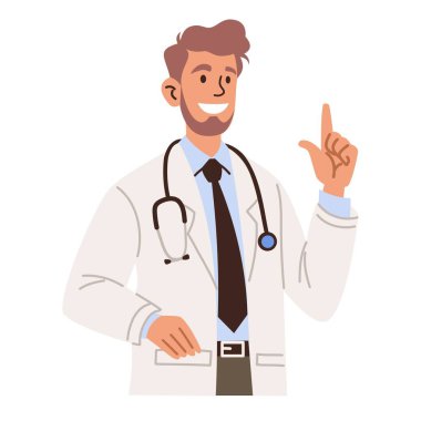 Beyaz arkaplanda düz vektör çizimi. Beyaz önlüklü sevimli doktor parmağıyla işaret ediyor. Vektör illüstrasyonu