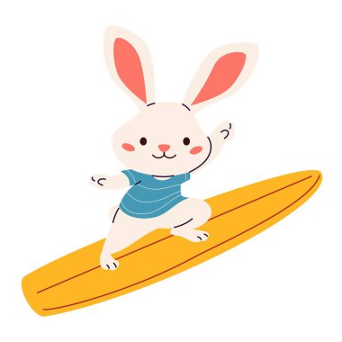 Çocuk tarzında düz vektör çizimi. Sörf tahtasındaki sevimli tavşan. Vektör illüstrasyonu