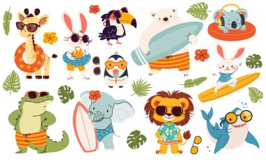 Yaz temasında çocuk tarzında vektör illüstrasyonları. Güneş gözlüğü ve sörf tahtası takmış şirin hayvanlar. Aslan kutup ayısı penguen köpekbalığı, timsah avcısı, zürafa. Vektör illüstrasyonu