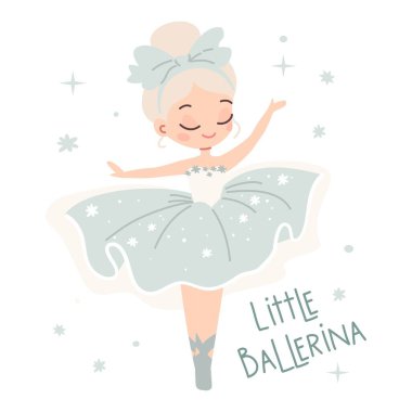 Çocuk tarzında düz vektör çizimi. Beyaz arka planda dans eden sevimli balerin. Parmak izi, küçük bir balerin yazısı. Vektör illüstrasyonu