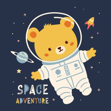 Çocuk tarzında düz vektör çizimi. Uzayda uçan uzay giysisi içindeki sevimli ayı yavrusu, yıldızlar ve gezegenler. Macera Mekanı Yazıtı. Vektör illüstrasyonu