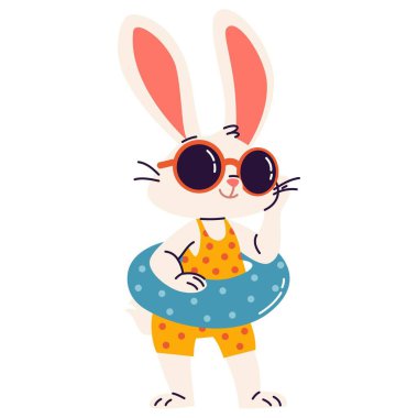 Güneş gözlüklü şirin bir tavşan ve şişme bir yüzük. Bir yaz temasında çocuk tarzında düz vektör illüstrasyonu. Vektör illüstrasyonu