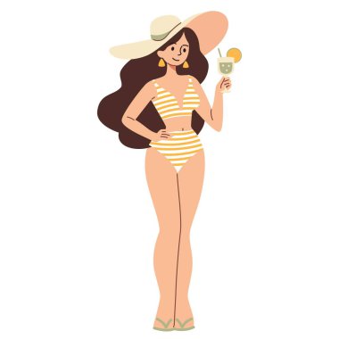 Düz vektör çizimi. Mayolu ve şapkalı hoş bir kadın elinde kokteyl tutuyor. Vektör illüstrasyonu