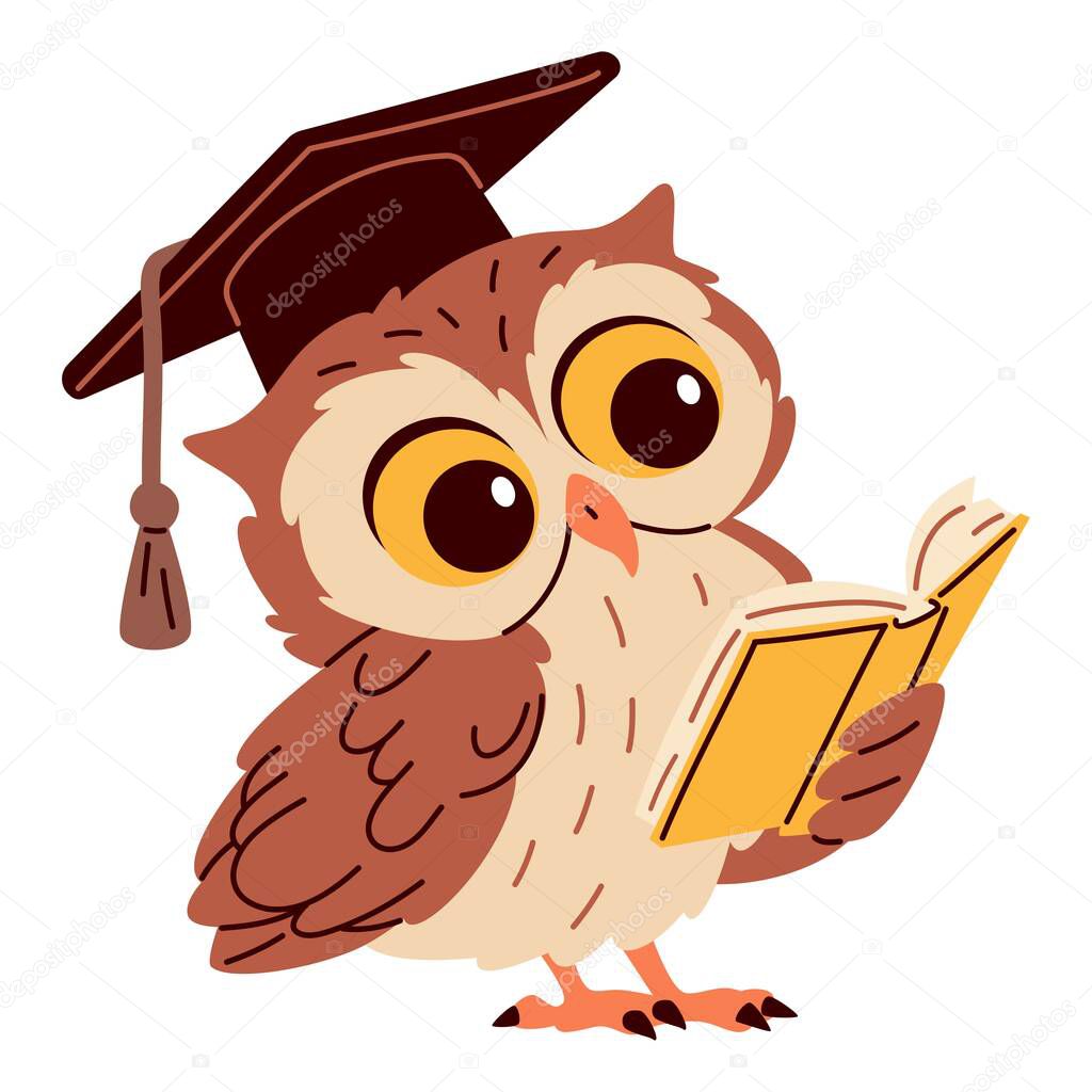 Flat vector illustration in childrens style. Cute owl in a graduation cap reading a book. Vector illustration