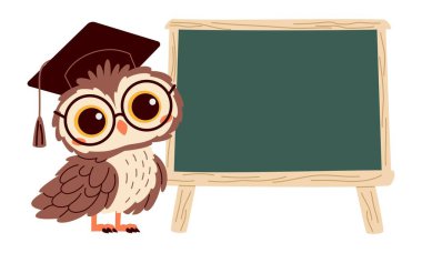 Gözlüklü sevimli bir baykuş tahtanın yanında duruyor. Tahtadaki metnin için bir yer. Çocuk tarzında vektör illüstrasyonu. Vektör illüstrasyonu