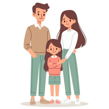 Düz vektör çizimi. Beyaz arka planda sevimli bir aile, anne, baba ve kız. Vektör illüstrasyonu