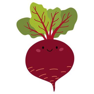 Çocuk tarzında beyaz arkaplan üzerinde düz vektör çizimi. Tatlı yüzlü pancar. Vektör illüstrasyonu