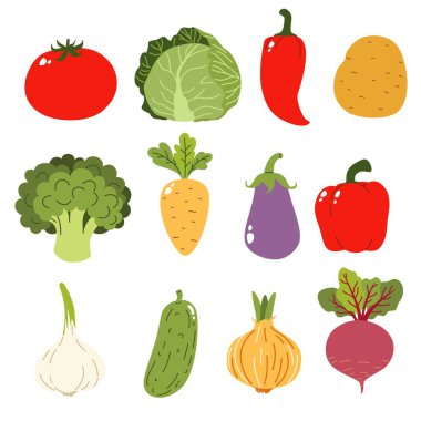 Çocuk tarzında bir grup vektör çizimi. Tatlı sebzeler. Lahana havuç brokolili soğan sarımsaklı patates biberli salatalık pancarı. Vektör illüstrasyonu