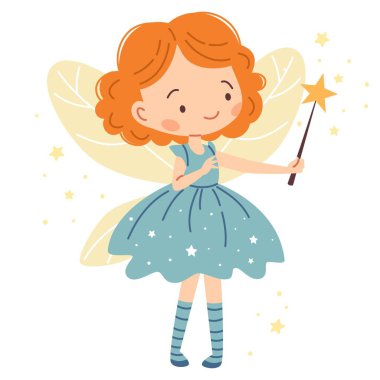 Çocuk tarzında düz vektör çizimi. Beyaz arka planda sihirli değneği olan sevimli bir peri prensesi. Vektör illüstrasyonu