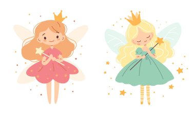 Çocuk tarzında bir dizi düz vektör çizimi. Taçlı şirin prensesler sihirli değneklerle uçuyor. Vektör illüstrasyonu