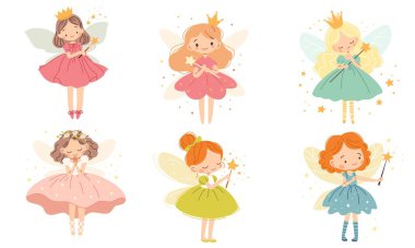 Çocuk tarzında bir dizi düz vektör çizimi. Beyaz arka planda sihirli değnekleri olan sevimli periler. Vektör illüstrasyonu