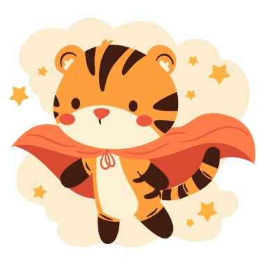 Çocuk tarzında düz vektör çizimi. Gökyüzünde uçan süper kahraman kostümlü şirin kaplan yavrusu bulutlar ve yıldızlar. Vektör illüstrasyonu