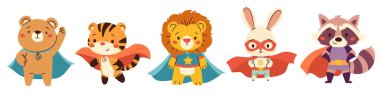 Çocuk tarzında bir dizi düz vektör çizimi. Süper kahraman kostümlü sevimli hayvanlar, aslan tavşan kaplan rakun ayı. Beyaz arka planda çocuk resimleri. Vektör illüstrasyonu