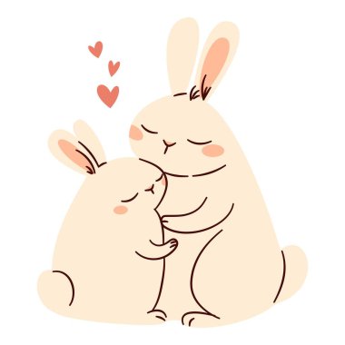 İki sevimli tavşan kucaklaşıyor, çocuk tarzında düz vektör çizimi, sevgililer günü çizimi. Vektör illüstrasyonu