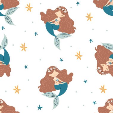 Kusursuz vektör deseni, şirin deniz kızı ve deniz yıldızı, beyaz arka plan. Vektör illüstrasyonu
