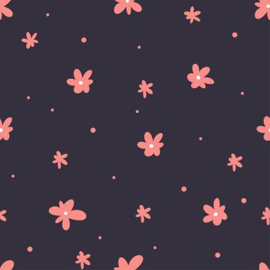 Kusursuz vektör deseni. Siyah arka planda sevimli pembe papatyalar. Vektör illüstrasyonu