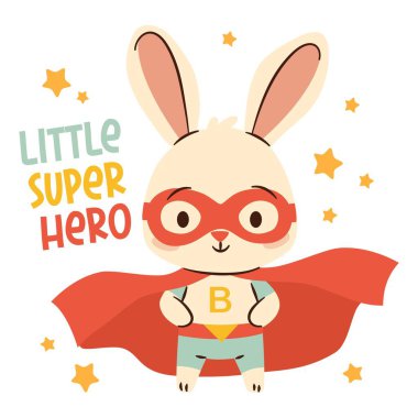 Süper kahraman kostümlü sevimli tavşan, yıldızlar ve küçük süper kahraman harfleri. Beyaz arka planda çocuk tarzında sevimli bir karakter. Vektör illüstrasyonu