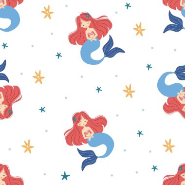 Çocuk ürünlerini yazdırmak için vektör ayarlandı. Sevimli denizkızı, harfler ve denizyıldızı. Kusursuz vektör deseni. Vektör illüstrasyonu