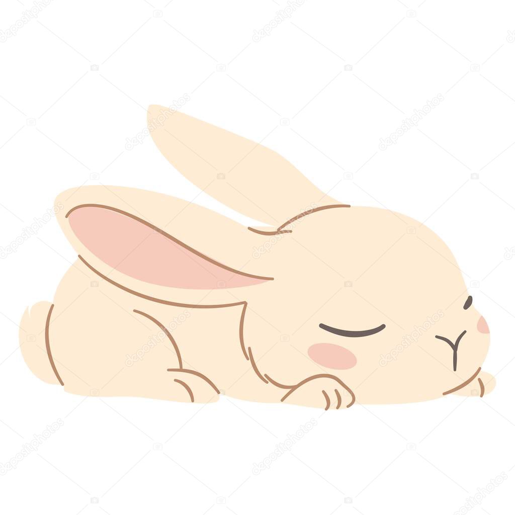 Flat vector illustration in a simple childrens style. Cute rabbit sleeping on white background. Vector illustration
