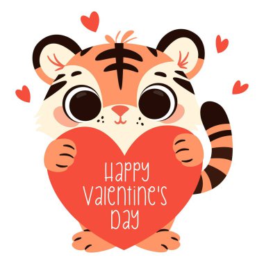 Sevgililer Günü için çocuk tarzında sevimli vektör illüstrasyonu. Kocaman kırmızı bir kalbi olan şirin bir kaplan yavrusu. Sevgililer Günü yazıtları. Vektör illüstrasyonu