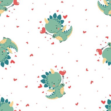 Sevgililer Günü için kusursuz vektör deseni. Kalp şeklinde bir balon tutan sevimli dinozor. Vektör illüstrasyonu