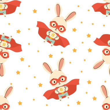 Basit bir çocuksu tarzda kusursuz bir vektör deseni. Sevimli tavşan süper kahraman ve yıldızlar. Vektör illüstrasyonu